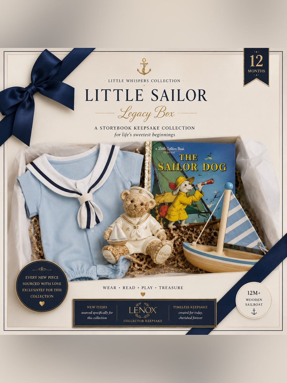 Baby Boy Nautical Gift Box 12M Sailor Outfit Lenox Bear Book Sailboat - Picture 1 of 16